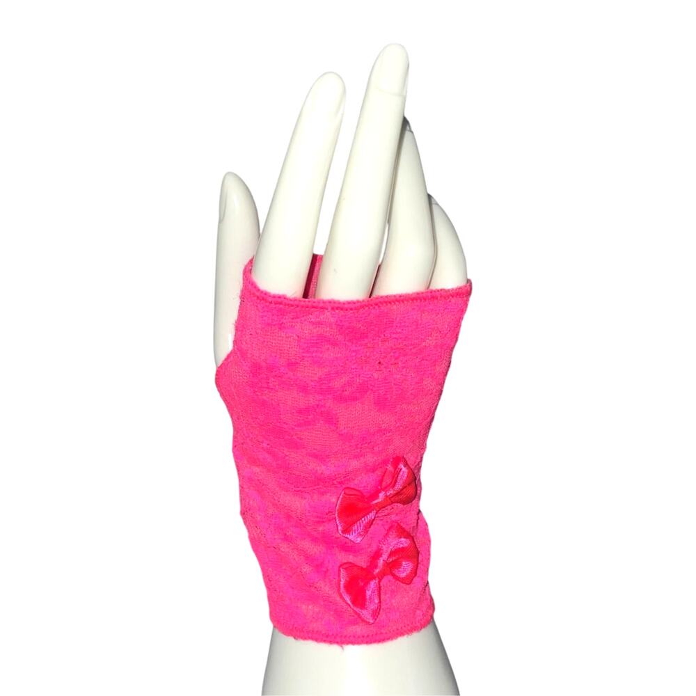 Hot Pink Electric Lace Bows Fingerless Gloves Rave Festival Glamour Dopamine OS